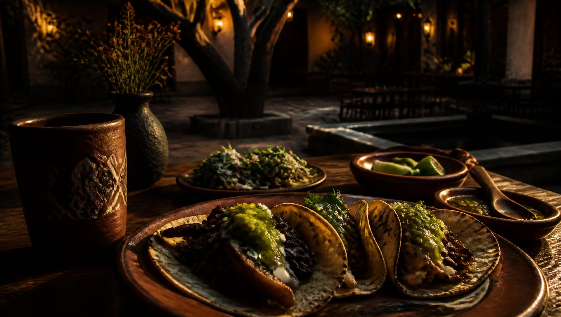 Charred masa tacos on a courtyard table at Casa Sol Cocina